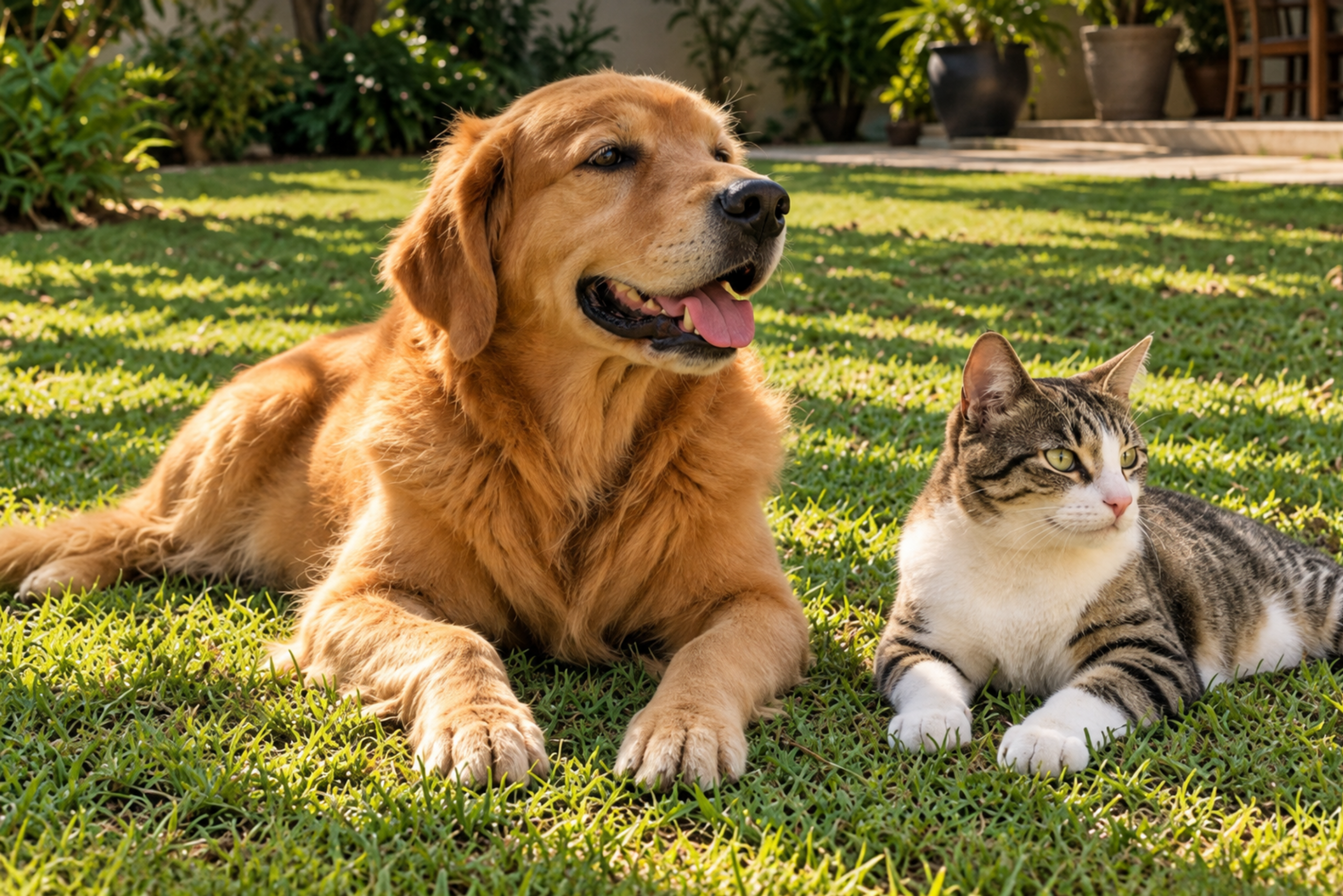 Cachorro e gato descansando no jardim durante a primavera